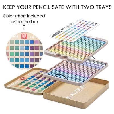 Colorful pencil storage trays with color charts and multiple trays for organizing art supplies, ideal for optical and eyewear stores.