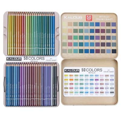 Vibrant colored metallic pencils and color charts for opticians' color matching and visual assessment.