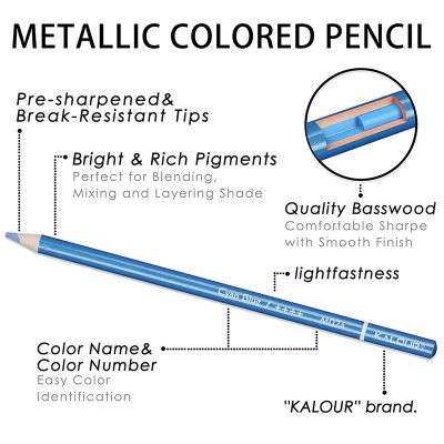 Vibrant blue metallic colored pencil with pre-sharpened tips, perfect for blending, mixing, and layering, featuring high-quality basswood and durable break-resistant design.