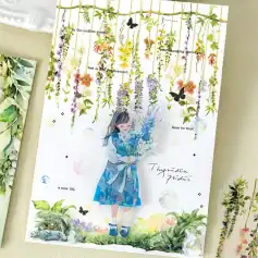 A beautiful, whimsical illustration of a girl holding a bouquet of flowers surrounded by hanging floral decorations, butterflies, and gentle pastel colors, perfect for an elegant Monalisa Store opt design.