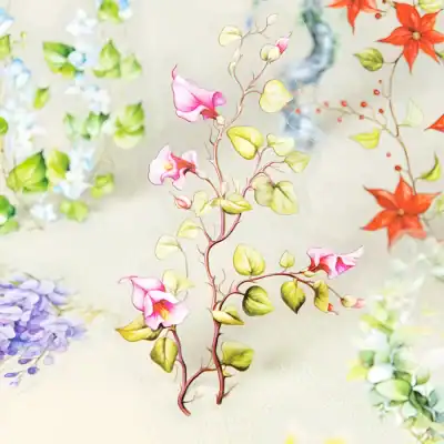 Pink and green artificial floral spray with leaves and small flowers for home decor and crafts.