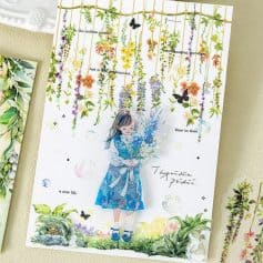 Flower wall art with girl holding bouquet, botanical decor, watercolor illustration, wall hanging for home or office, Monalisa Store design, bohemian floral poster, whimsical art piece, nature-inspired home decor, botanical artwork for living room, colorful floral wall art relevance.