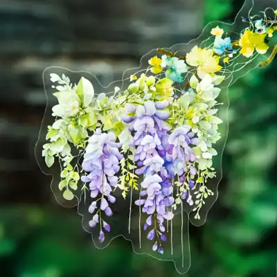 Purple and yellow wisteria flowers on a branch with watercolor effect, natural background.