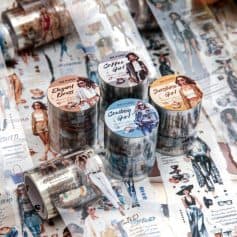 Cute girl fashion washi tape rolls with vintage style illustrations of women in trendy outfits, ideal for DIY crafts and scrapbooking, featured on Monalisa Store's colorful stationery collection.