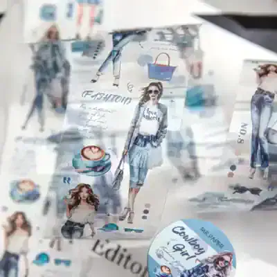 Fashion magazine paper with trendy women's clothing illustrations, accessories, and stylish outfits for shop display or promotional use. Perfect for fashion marketing and store decor.