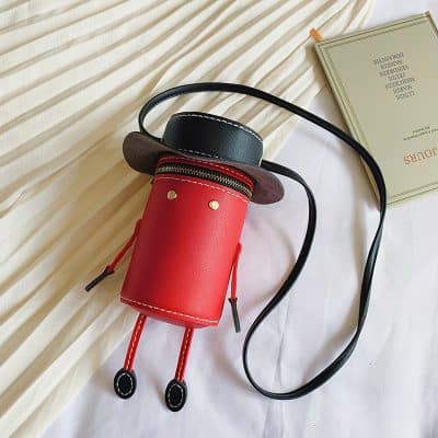 Stylish red and black designer handbag with unique robot-inspired design, perfect for fashion-forward individuals seeking trendy accessories.