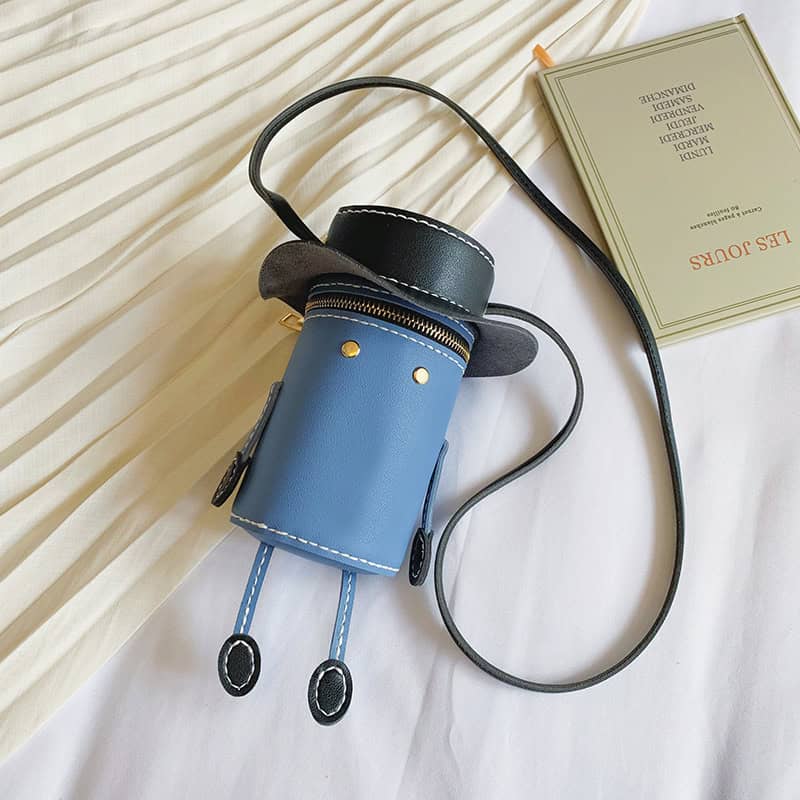 Blue and black toy-themed handbag with robot design, zipper closure, and detachable strap, perfect for fashionable accessories and unique fashion statement.