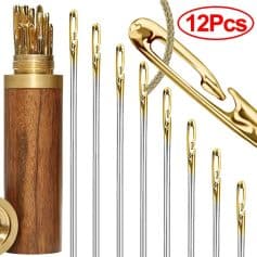 Golden sewing needles with a wooden case and safety pins for sewing, craft, and embroidery projects, 12-piece set, perfect for tailoring and DIY sewing enthusiasts.