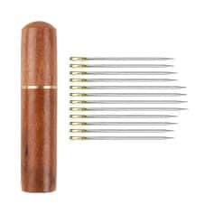 Stitching awl sewing tool with wooden handle and 12 metal needles, ideal for leather, canvas, and upholstery repairs. Perfect for precise hand stitching projects in craft and textile work.