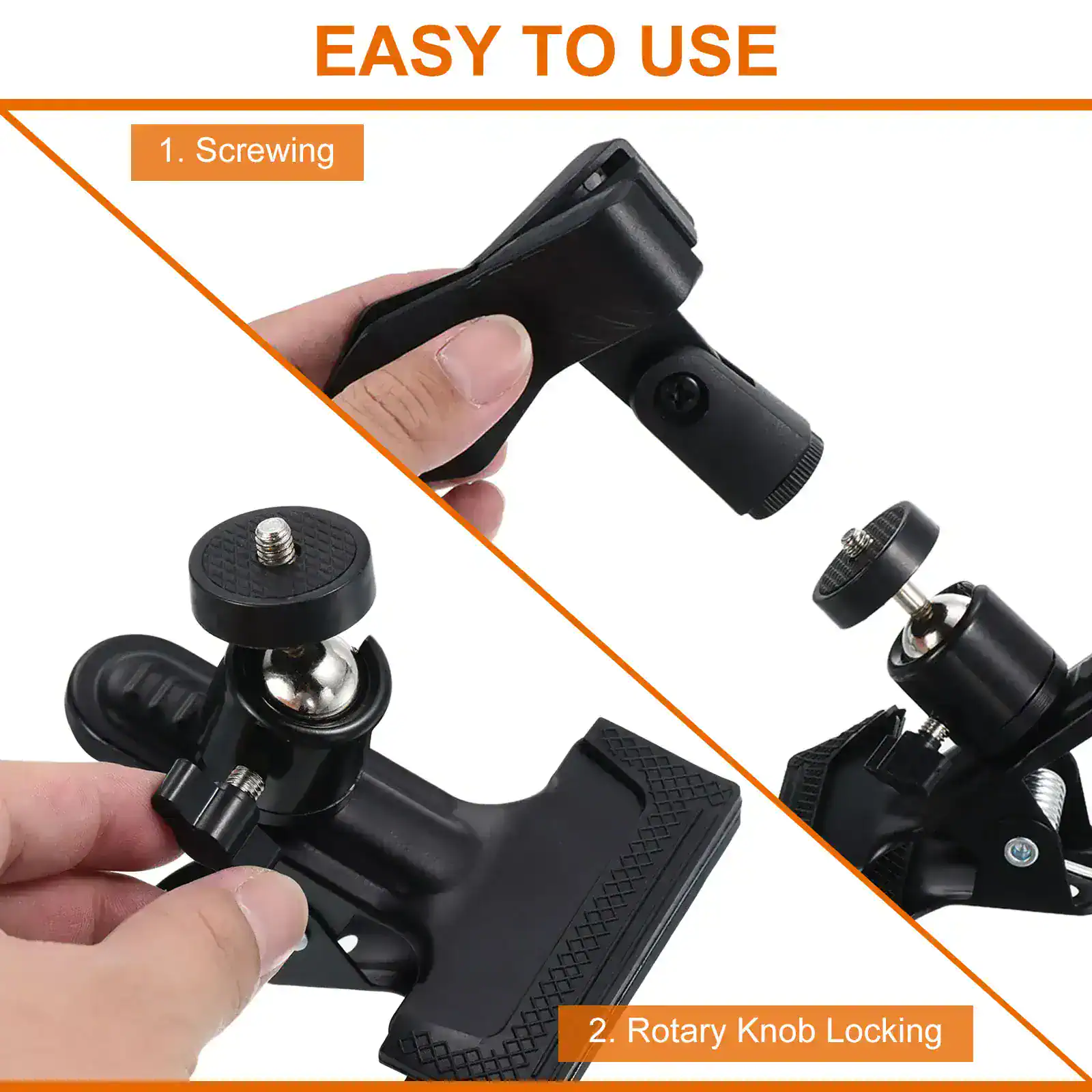 Flexible microscope mount with rotary knob locking mechanism for precision imaging and easy adjustment, compatible with medical and diagnostic equipment.