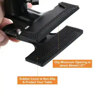Clip holder with non-slip rubber cover, adjustable clamp opening about 40mm/1.57 inches, designed to protect and secure your medical tools or devices safely on tables.
