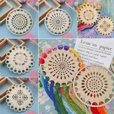 Wooden embroidery hoop with colorful embroidery threads, craft supplies, and paper instructions for DIY needlework projects.
