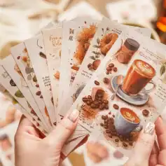 High-quality illustrated coffee shop flyers featuring latte art, coffee beans, and cozy café scenes, perfect for promoting café ambiance and coffee products.
