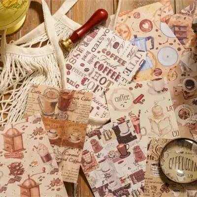 Coffee-themed stationery and packaging designs showcasing vintage coffee illustrations and typography for Monalisa Store, ideal for coffee lovers and cafes.