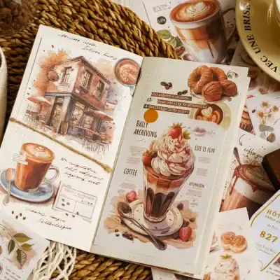 Delicious coffee shop menu illustrations with latte art and pastries, cozy café scene, artistic sketches of coffee drinks and bakery items at Monalisa Store.