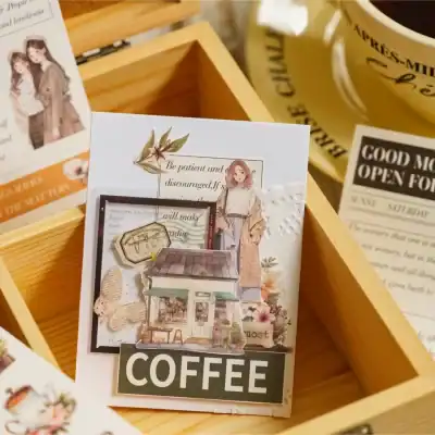 Cozy coffee shop greeting card with floral and illustrated storefront design, perfect for cafe and beverage lovers, stylish stationery for coffee enthusiasts.