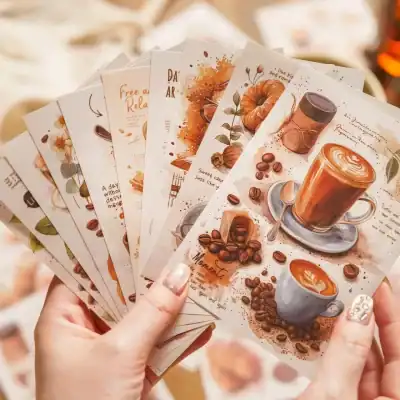 Cream-colored coffee illustration cards featuring coffee cups, beans, and cozy cafe scenes, ideal for promotional coffee store marketing.