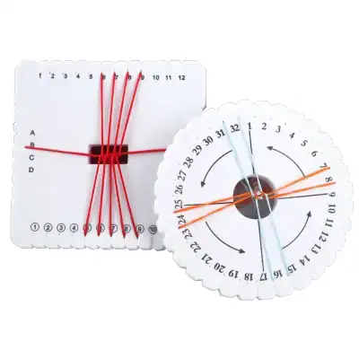 Colored eye chart cards for vision testing, including Snellen and circular optometry charts, with adjustable sliding mechanisms for accurate eye health assessments.