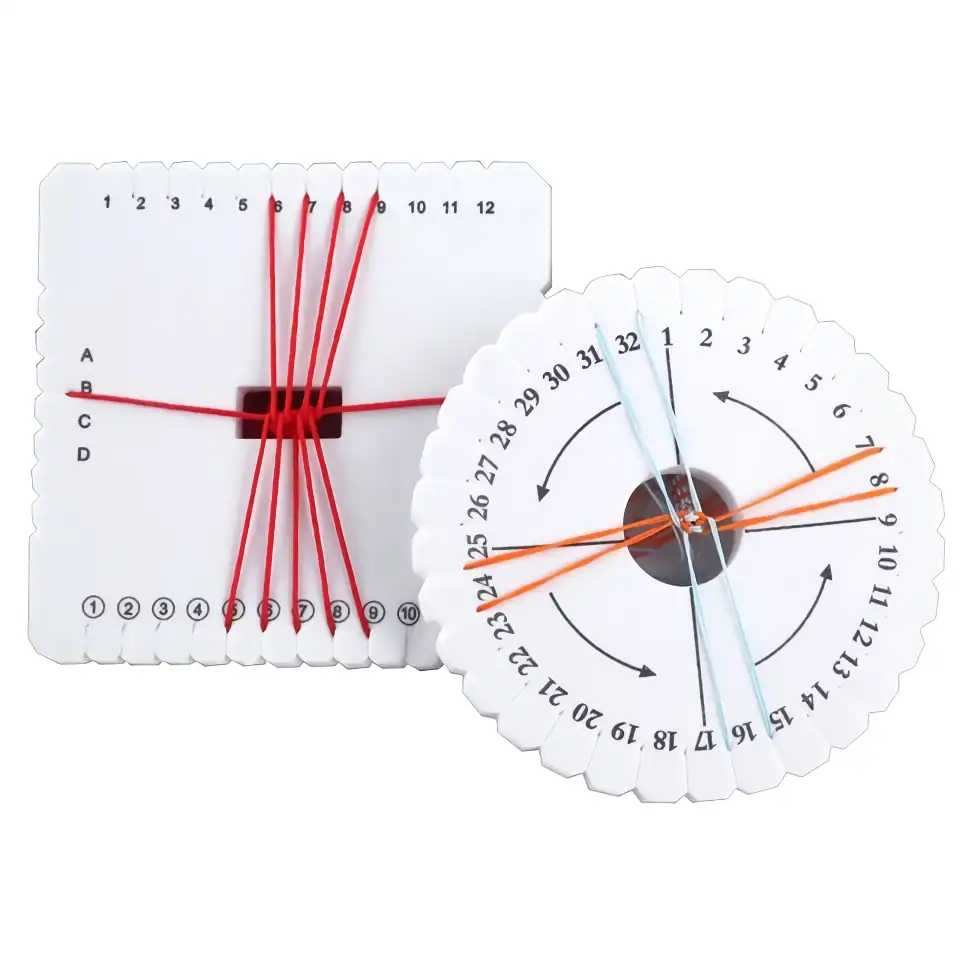 Colored eye chart cards for vision testing, including Snellen and circular optometry charts, with adjustable sliding mechanisms for accurate eye health assessments.