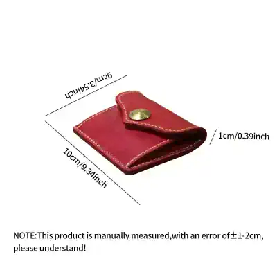 Red leather eyeglasses cleaning cloth holder with snap button, compact and portable optical accessory.