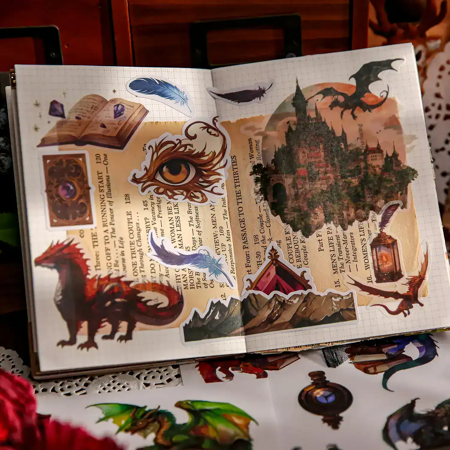 Intricate fantasy-themed artwork inside an illustrated book, with magical creatures like dragons and detailed illustrations, showcasing a captivating and immersive visual experience.