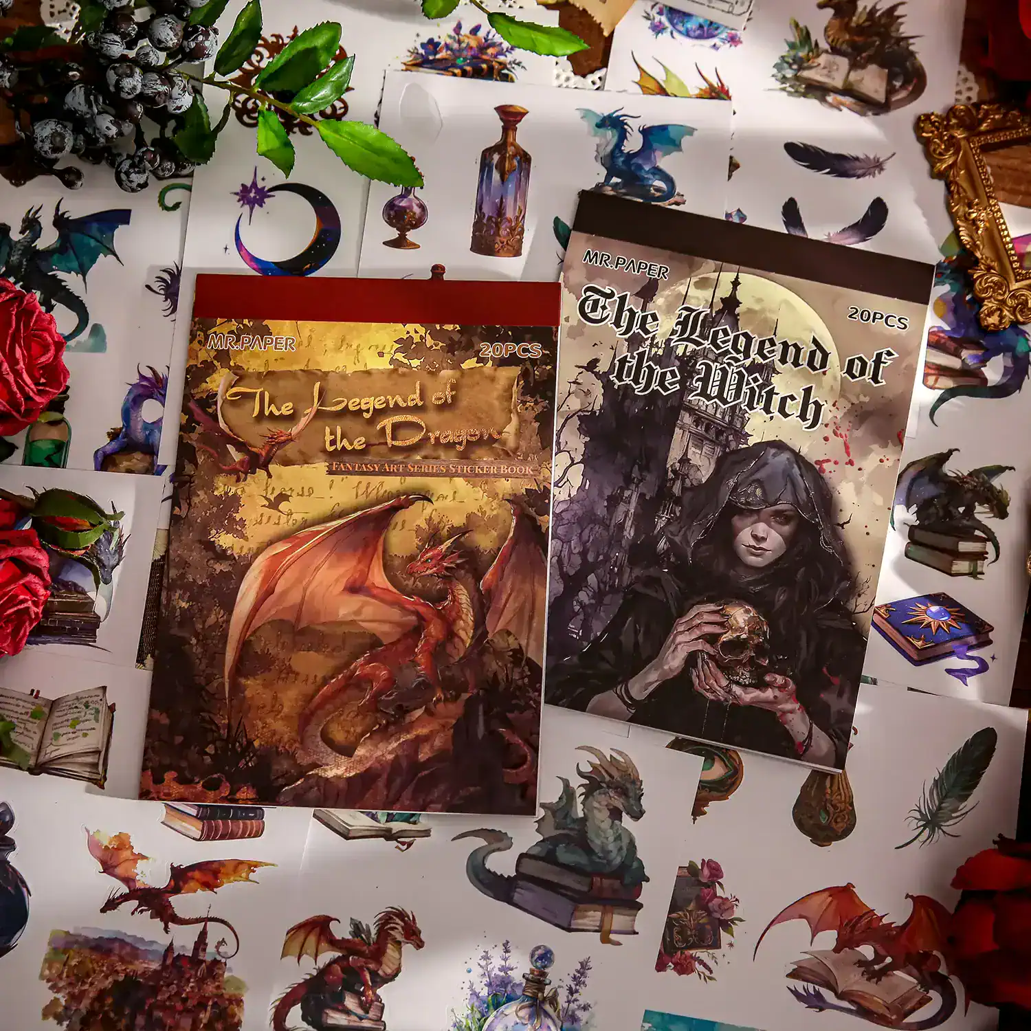 Vape-themed fantasy art sticker books featuring dragons and witches, perfect for collectors and enthusiasts of mystical illustrations and fantasy characters.