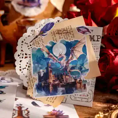 Colorful fantasy-themed dragon illustration on a decorative paper card showcasing a mythical dragon flying over a castle under a full moon, perfect for mermaid and fantasy merchandise or collectibles.