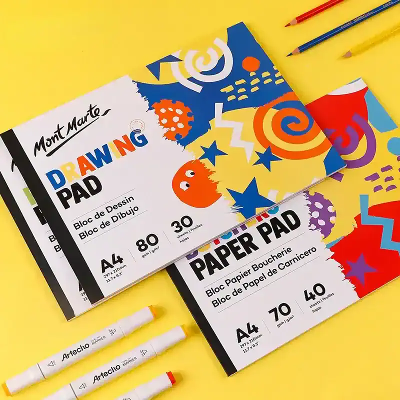 Vibrant colorful abstract drawings on drawing and paper pads for kids at Monalisa Medical store, perfect for school or art projects, featuring high-quality drawing and craft paper supplies.