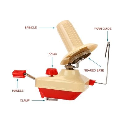 Bright beige and red yarn winding machine with labeled parts including spindle, knit guide, handle, knob, geared base, and clamp, designed for knitting and textile manufacturing.