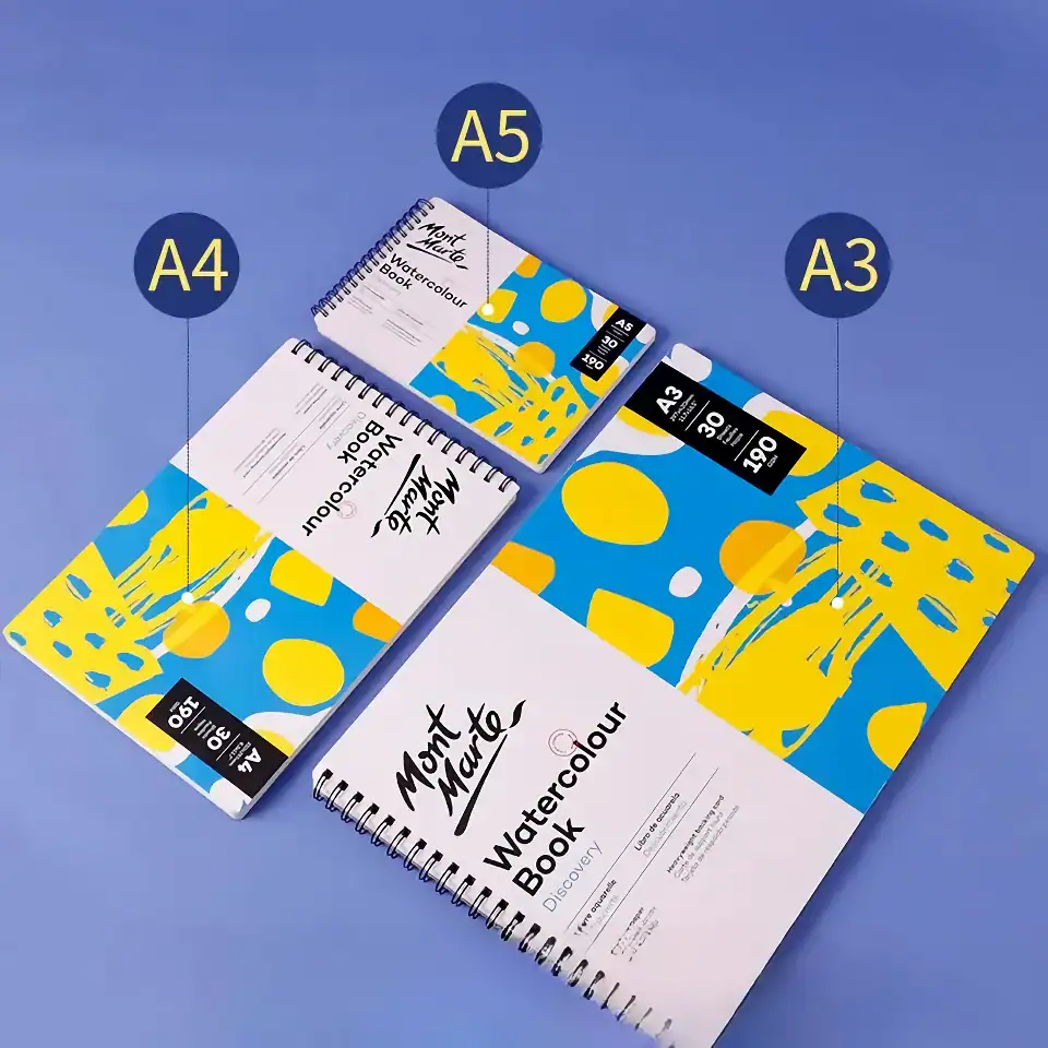 Bright Watercolour Notebook Collection featuring A3, A4, and A5 sizes, perfect for artistic projects and note-taking at Monalisa Medical Store. Vibrant designs and high-quality paper for creative minds.