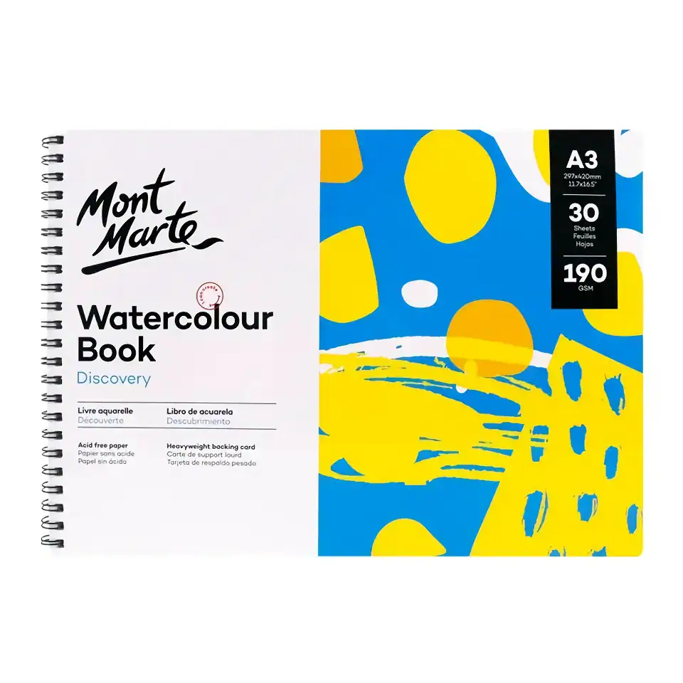 Bright watercolor art notebook with Mont Marte branding, ideal for artists, sketchers, and creatives, featuring 30 sheets of acid-free, heavy-duty paper suitable for various art projects.