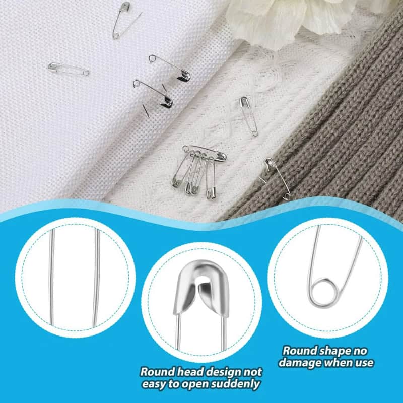 Sterilized sewing pins, assorted safety pins, and locking pins for medical and surgical use, emphasizing precision and safety for ophthalmic procedures.