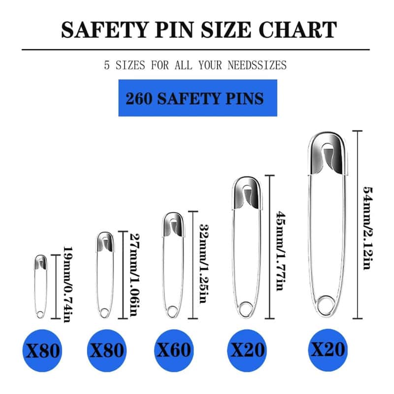 Safety pin size chart, various secure and durable safety pins for sewing, crafting, and emergency needs, with different sizes including X80, X60, and X20, featuring detailed measurements.