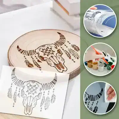 Intricate buffalo skull stencil for wall art, wood, or craft projects, featuring detailed tribal patterns, ideal for home decor and artistic customization.