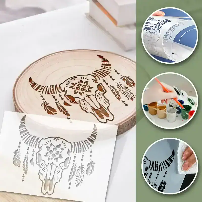 Intricate buffalo skull stencil for wall art, wood, or craft projects, featuring detailed tribal patterns, ideal for home decor and artistic customization.