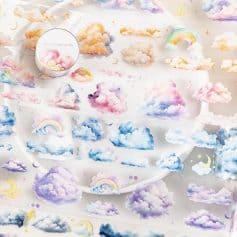 Cloud-themed stickers for skincare packaging by Monalisa Store, pastel clouds, rainbows, and moons, cute and whimsical design for beauty products, ideal for eye and face creams, and serums.