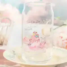 Colorful decorative glass with cute bunny and cake illustrations, perfect for home decor or gifts, showcasing charming designs from Monalisa Store.