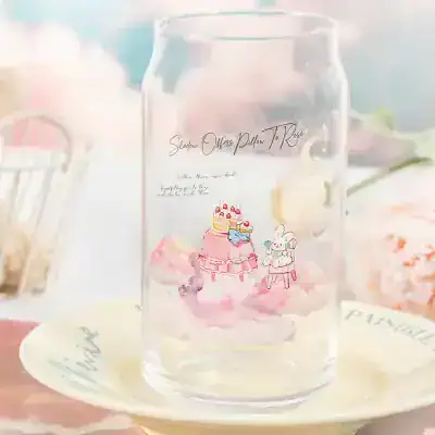Colorful decorative glass with cute bunny and cake illustrations, perfect for home decor or gifts, showcasing charming designs from Monalisa Store.