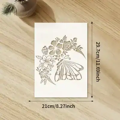 Intricate butterfly and floral stencil art on white paper, perfect for craft projects, wall decor, or scrapbooking, measuring 29.7cm x 21cm, ideal for decorating and creative DIY activities.