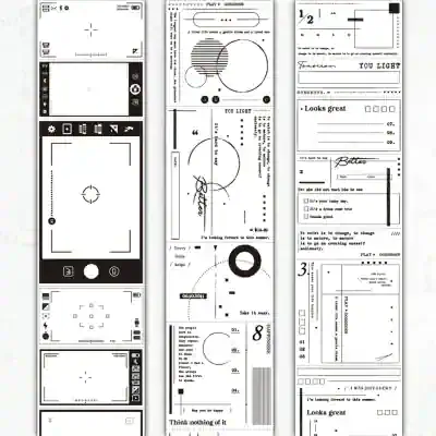 Camera interface mockup for Monalisa Store opticians, showcasing designs, layouts, and templates for eyewear and optical store branding and promotions, black and white style.