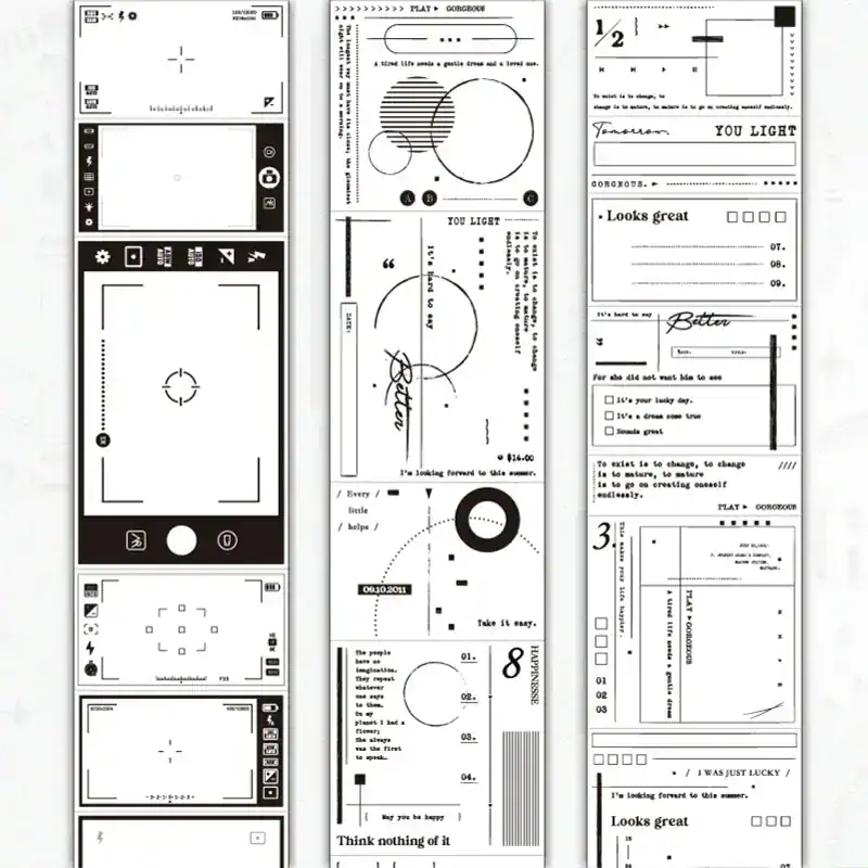 Camera interface mockup for Monalisa Store opticians, showcasing designs, layouts, and templates for eyewear and optical store branding and promotions, black and white style.
