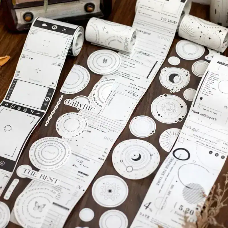 Cinematic receipts printouts and circular paper stickers for boutique store, monochrome minimalist design, modern aesthetic, branding elements for opt clinic, promotional stationery, Monalisa Store branding materials, healthcare and optometry supplies.