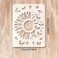 Intricate white butterfly and sun design laser-cut wooden decoration for wall art or craft projects, measuring 21cm x 28cm, ideal for home decor or DIY jewelry display.