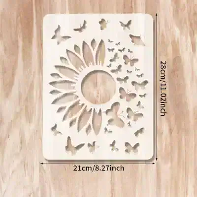 Intricate white butterfly and sun design laser-cut wooden decoration for wall art or craft projects, measuring 21cm x 28cm, ideal for home decor or DIY jewelry display.