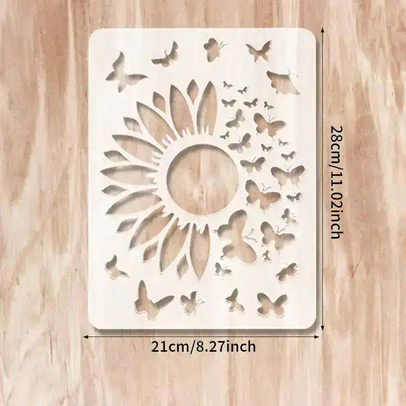 Intricate white butterfly and sun design laser-cut wooden decoration for wall art or craft projects, measuring 21cm x 28cm, ideal for home decor or DIY jewelry display.