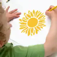 Sunflower design, child's hand drawing yellow sunflower, creative art activity, Monalisa Store, optical health and eyewear accessories, children's eye care products, vibrant sunflower illustration, kid-friendly optical shop, colorful sunflower artwork for opticians, friendly optical store environment.