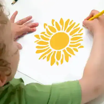 Sunflower design, child's hand drawing yellow sunflower, creative art activity, Monalisa Store, optical health and eyewear accessories, children's eye care products, vibrant sunflower illustration, kid-friendly optical shop, colorful sunflower artwork for opticians, friendly optical store environment.