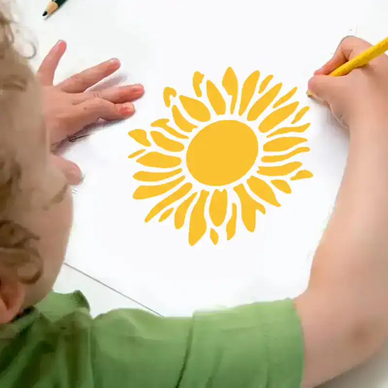 Sunflower design, child's hand drawing yellow sunflower, creative art activity, Monalisa Store, optical health and eyewear accessories, children's eye care products, vibrant sunflower illustration, kid-friendly optical shop, colorful sunflower artwork for opticians, friendly optical store environment.