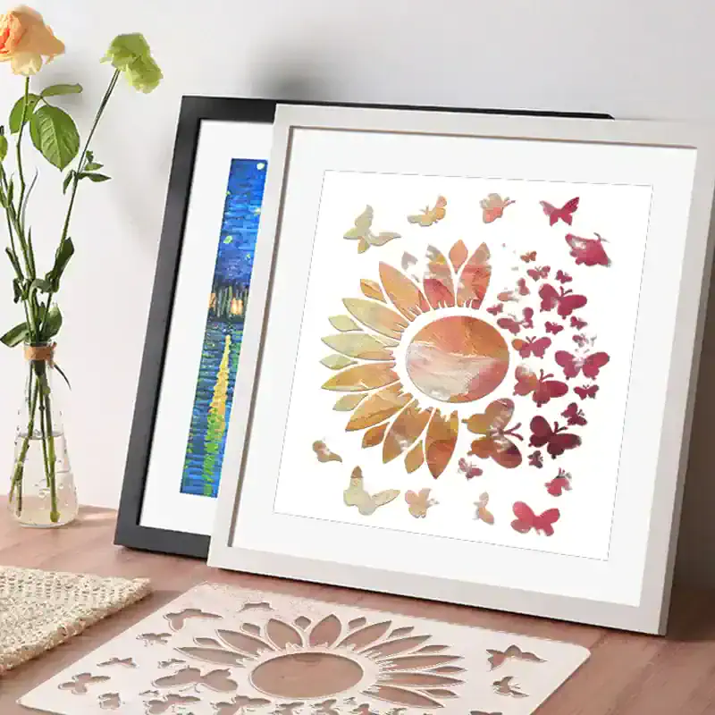 Vibrant butterfly and sunflower wall art print displayed on a desk with flowers in a glass vase, perfect for modern home decor and art lovers.