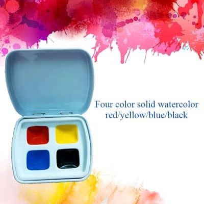 Vibrant watercolor paint set with four solid colors: red, yellow, blue, and black, perfect for arts and crafts or creative projects.